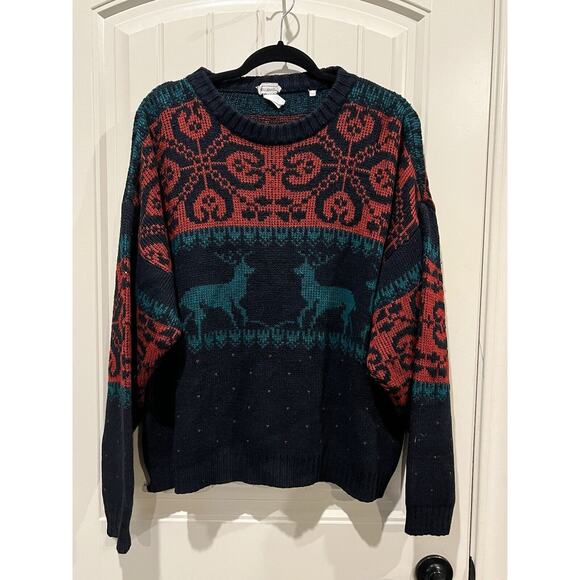 Vintage Saks Fifth Ave Christmas Sweater Reindeer Red Green Womens Large READ - Picture 1 of 8